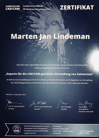 CAD/CAM Zertifikat Marten Jan Lindeman